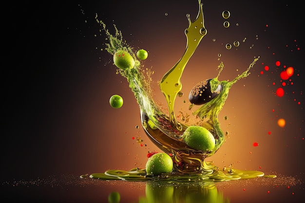 Olive oil flavored with spices is poured over hot green olives Copy space