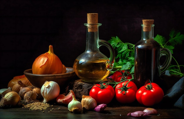 Olive oil garlic tomatoes vegetables on a dark surface