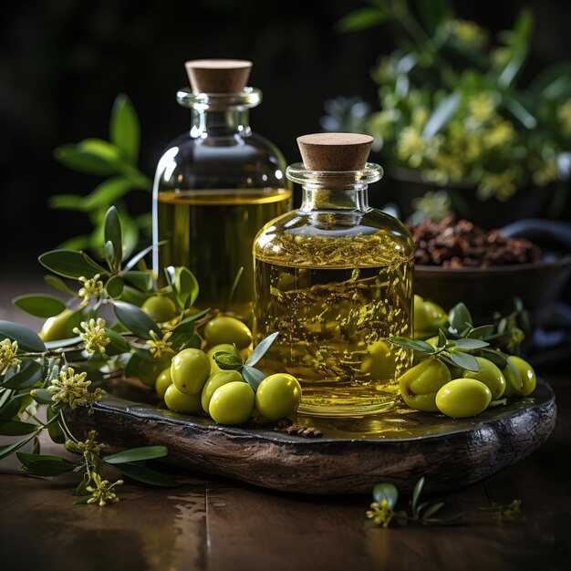 Olive Oil Glass Bottle Mediterranean Flavor on Wooden Table