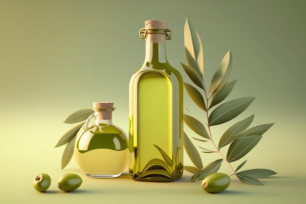 Olive oil in a glass bottle with cork and small jug on light green backgroung. Copy space.