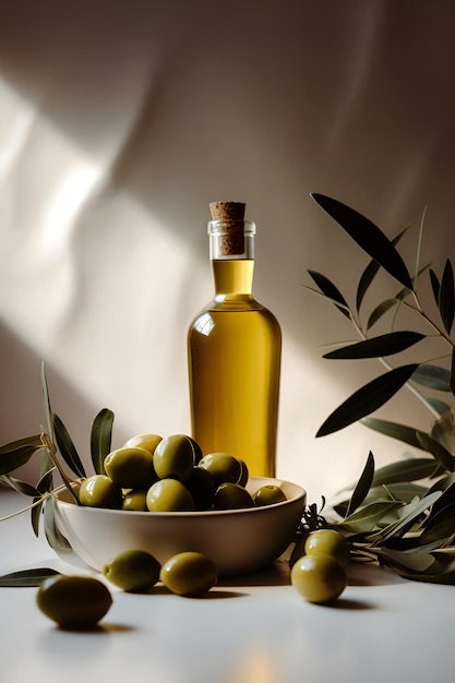 Olive oil in glass bottle with olives and leaves on rustic background with copy space AI generated