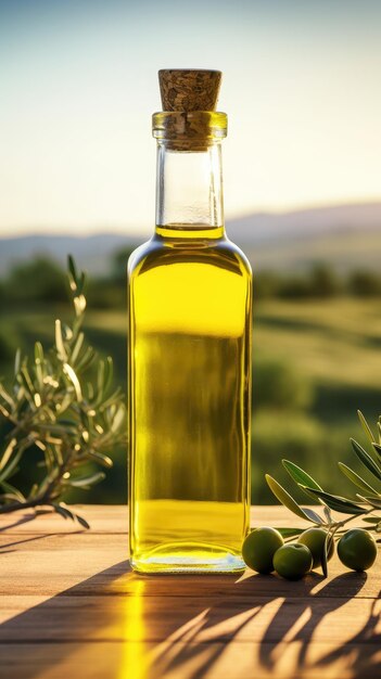 Olive oil in a glass bottle on a wooden table with olive trees under the morning sun green olives