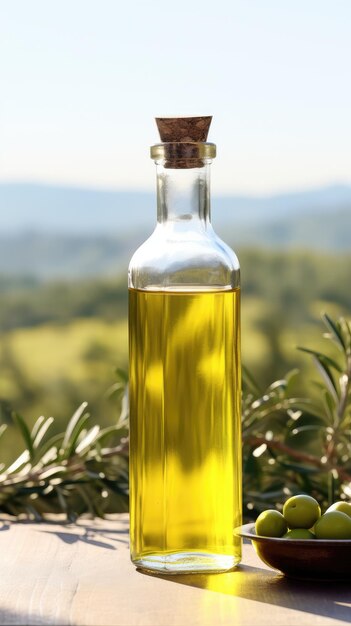 Foto olio d'oliva in una bottiglia di vetro su un tavolo di legno con ulivi sotto il sole mattutino olive verdi
