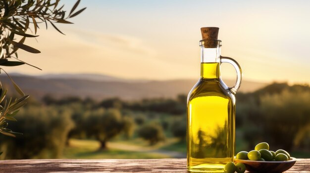 Olive oil in a glass bottle on a wooden table with olive trees under the morning sun green olives