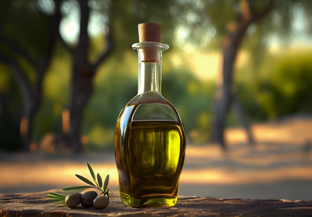 Olive oil in a glass bottle