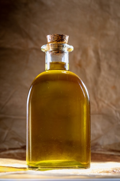 Olive oil in a glass bottle