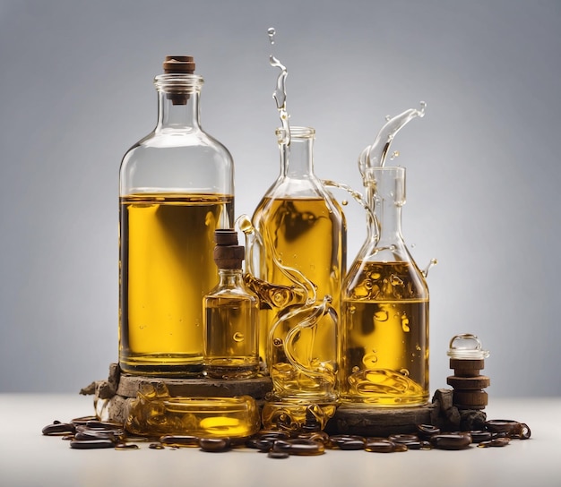 Olive oil in glass bottles and coffee beans on a gray background