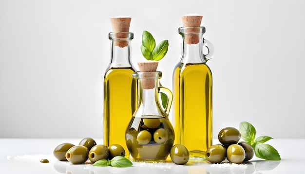 Olive oil in glass bottles served with basil leaves on white background