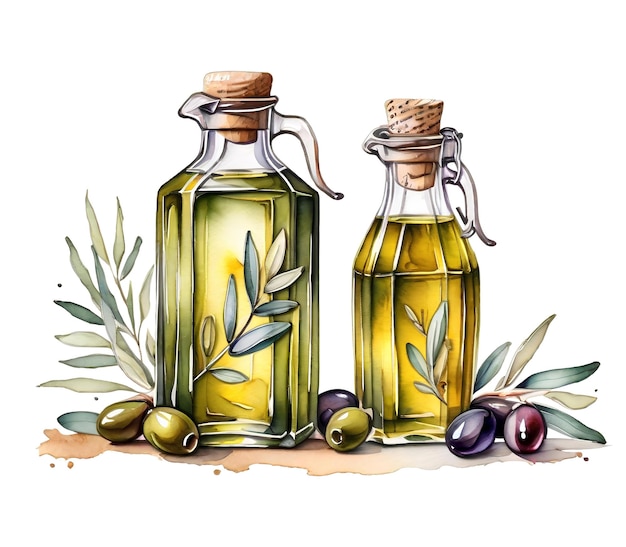 Photo olive oil in glass bottles with olives and herbs watercolor illustration