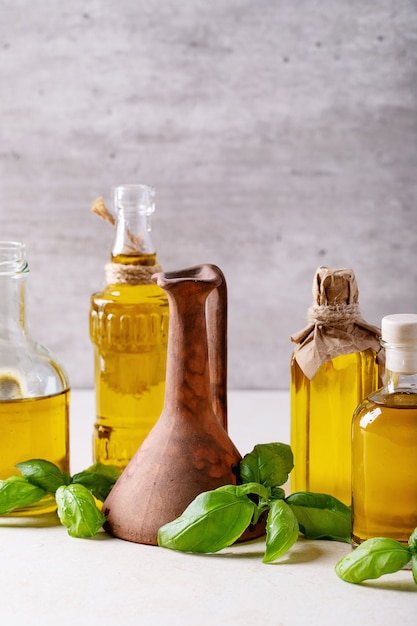 Olive oil in glass bottles