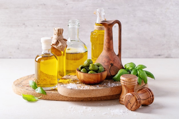 Olive oil in glass bottles