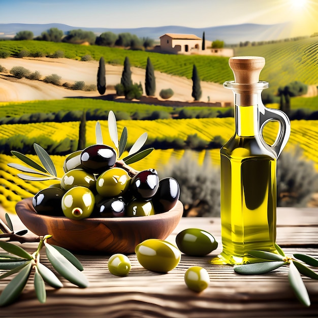 Olive oil glass jar on wooden table in agricultural field