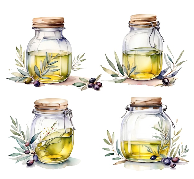 Photo olive oil in glass jars with olives and herbs watercolor illustration