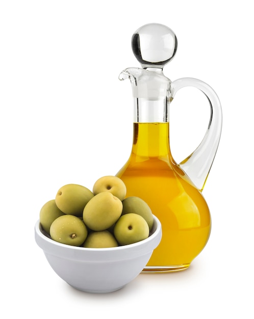 Olive oil and green olives isolated on white background