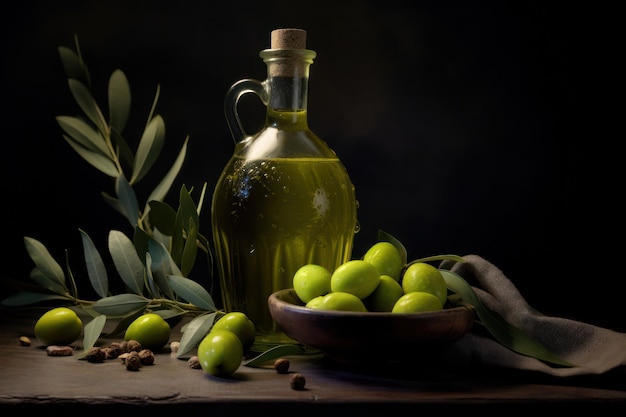 Olive oil and green olives on a wooden table