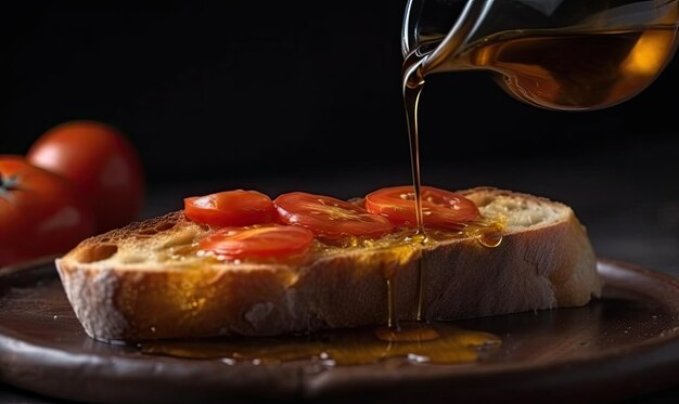 Оливковое масло наливается на хлеб, на верхушке которого размашивают натертые помидоры Испанский традиционный завтрак