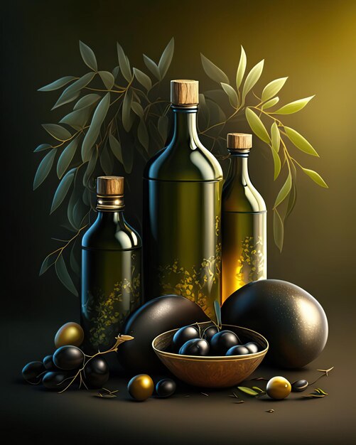 Olive oil jars with olives and bottled oil