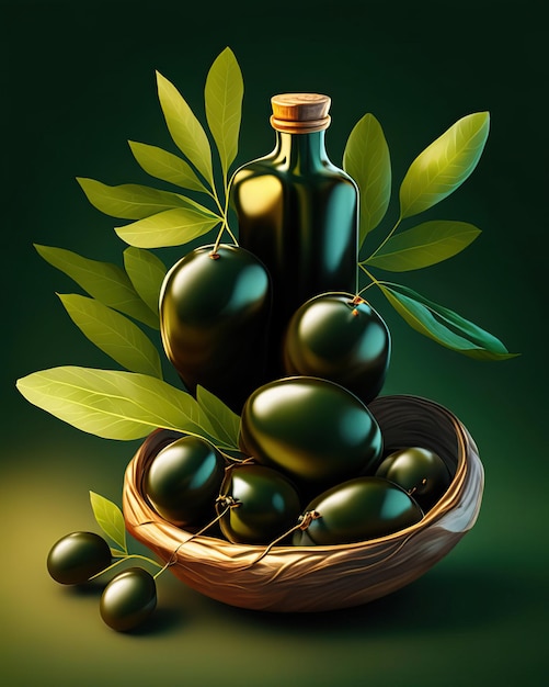 Olive oil jars with olives and bottled oil