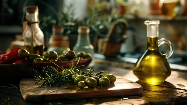 Olive oil and marinated olives on cutting board extra virgin oil in transparent glass bottle