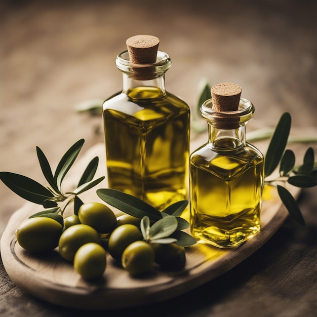 Olive oil and olive branch on wooden table ai generated