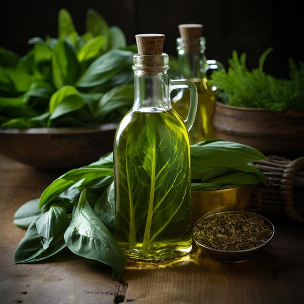 Foto olio d'oliva e ramo d'olivo sul tavolo di legno