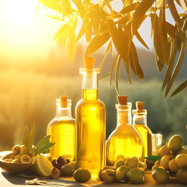 Olive oil and olive branches on the wooden table in the garden