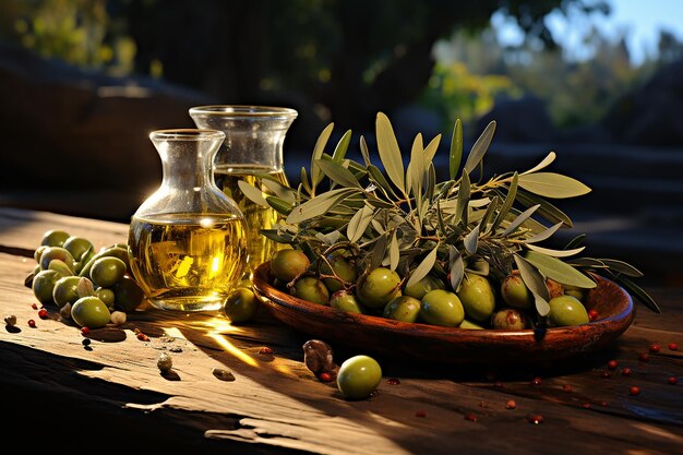 olive oil and olive oil on a wooden table.