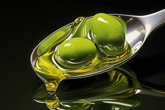 olive oil and olives on the spoon in the style of hyperrealism and photorealism