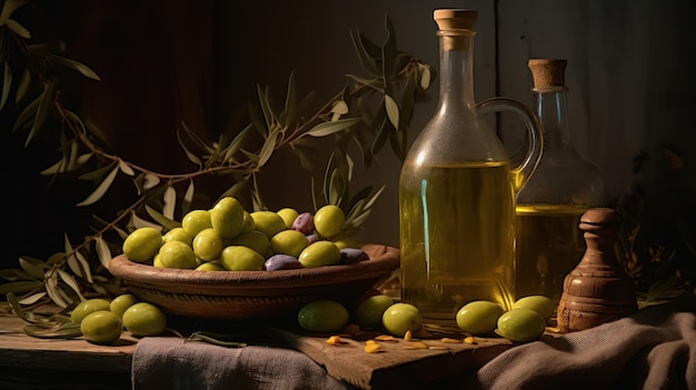 Olive oil and olives on a table with olives in the background