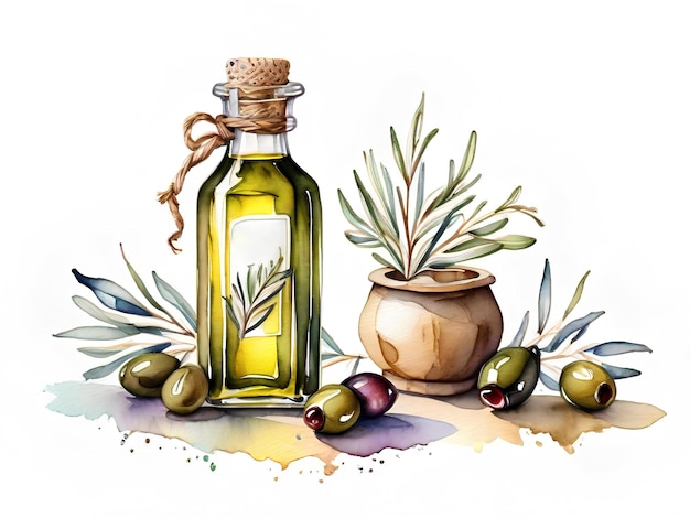 Photo olive oil and olives watercolor illustration for menu packaging design