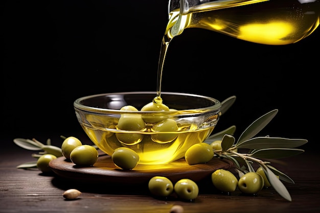 Olive oil poured into bowl with olives