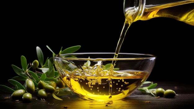 Olive oil pouring from a bottle into a bowl