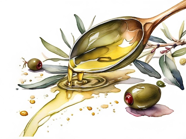 Photo olive oil pouring from a spoon with olives watercolor illustration