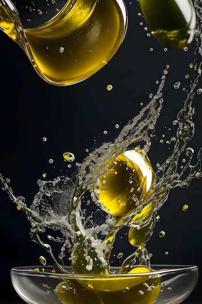 olive oil splashing black and white background