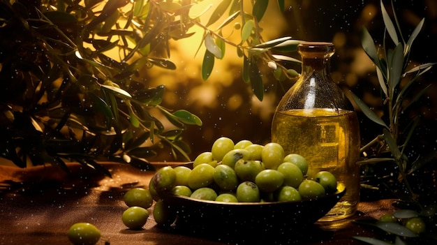 Эстетическое изображение оливкового масла в окружении оливок Генеративный ИИ