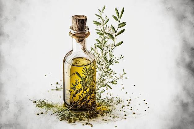 Olive oil and thyme sprigs on a white distressed background with room for text