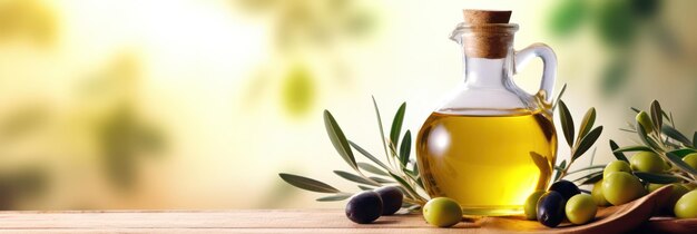 Foto olio d'oliva in brocca tradizionale accompagnato da olive verdi contro un frutteto nebbioso e soleggiato