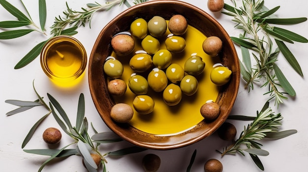 Foto olio d'oliva con olive e foglie fresche