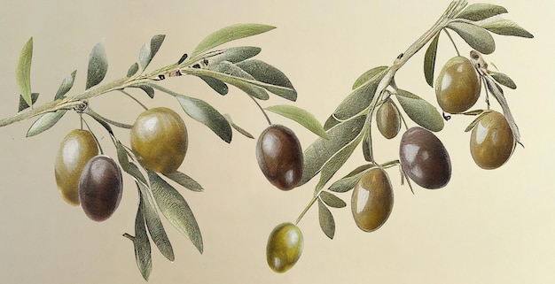 オリーブ (Olea Europaea)。白い紙に植物のイラスト。最高の薬用植物