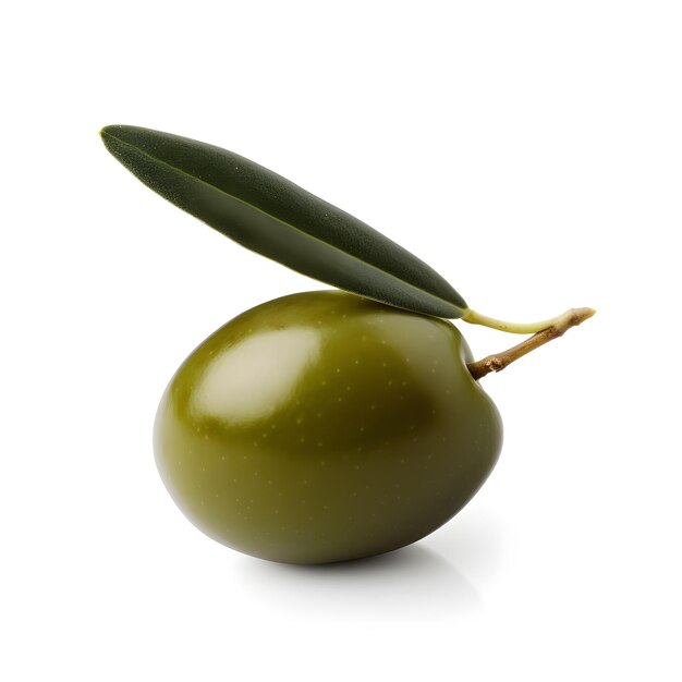 an olive with a green leaf on its stem