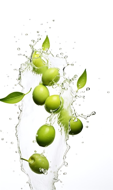 Olive with water splashing on white background