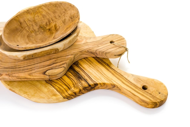 Olive wood cutting board on a white background.