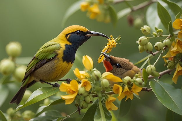 olivebacked sunbirds feeding the child cinnyris jugularis