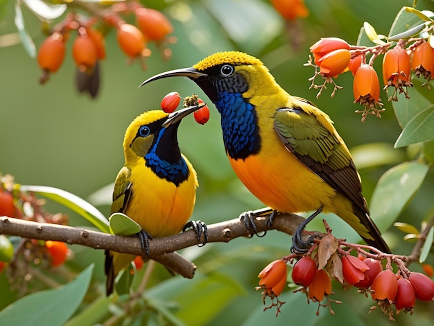 아이에게 Cinnyris Jugularis에게 먹이를 주는 OliveBacked Sunbirds