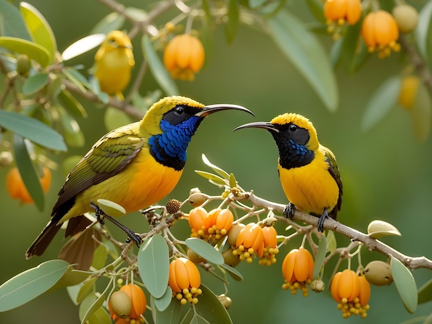 아이에게 Cinnyris Jugularis에게 먹이를 주는 OliveBacked Sunbirds