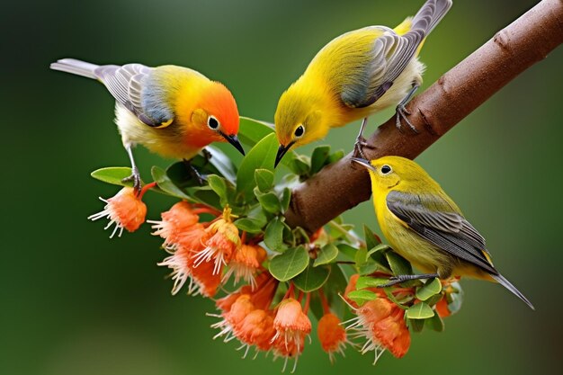 Olivebacked sunbirds feeding the child cinnyris jugularis