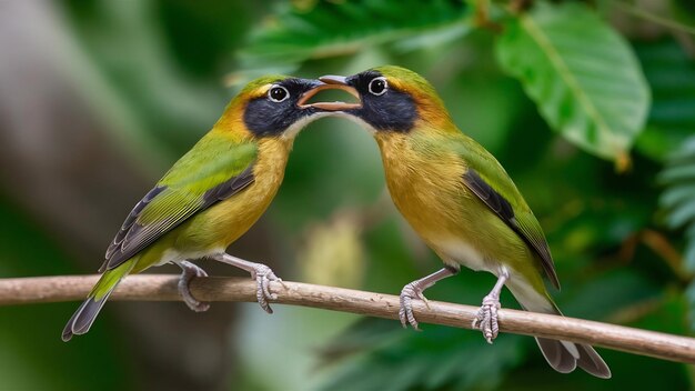 Olivebacked sunbirds feeding the child