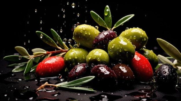 olives on a black background with drops of water