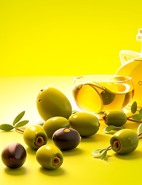 Olives and bottle of olive oil on wooden background generated by ai