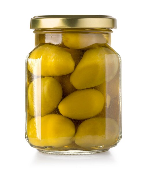 olives in bottle on a white